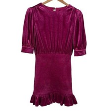 Forever 21 Dress Womens Medium Magenta Pink Velvet Smocked Mini Puff Sleeve