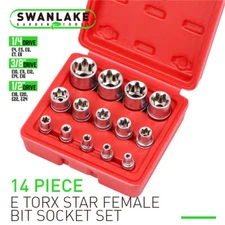 14PC E Torx Star Female Bit Socket Set 1/2" 3/8" 1/4" Drive E4 - E24 With Case