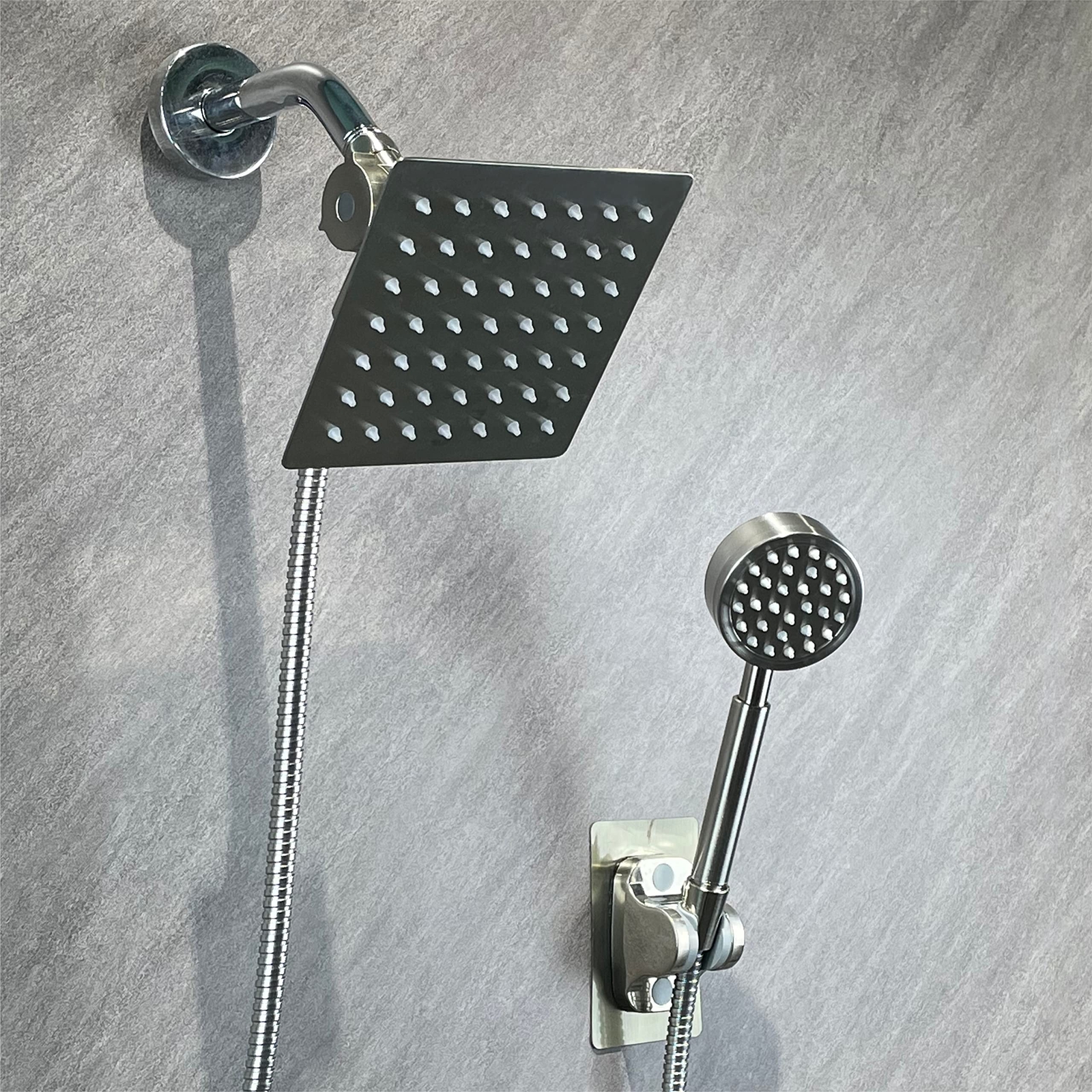 6" Shower Head & Handheld, High Pressure Rainfall Stainless Steel-Square, Chrome