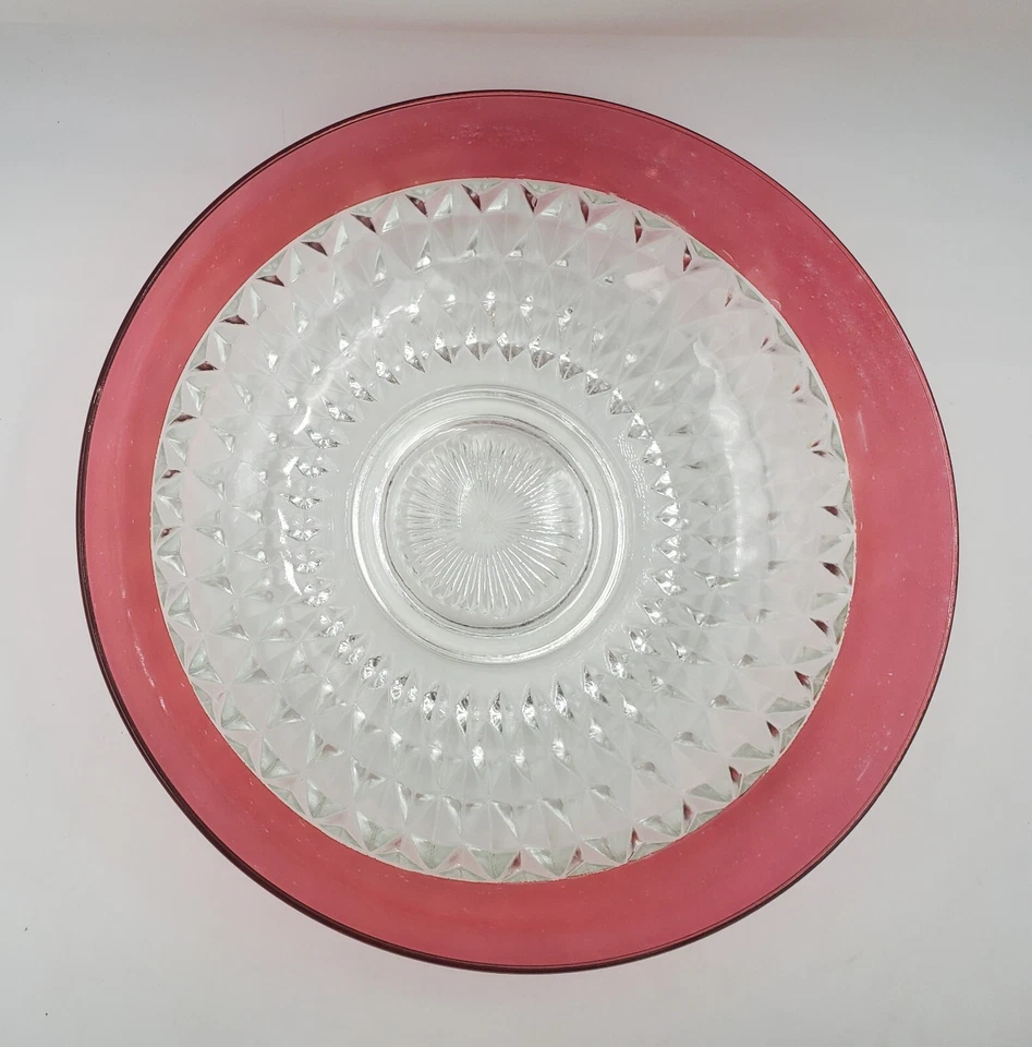 13.5” Indiana Glass Crystal Diamond Point Ruby Stain Chip Salad Serving Bowl Vtg - Image 2 of 4