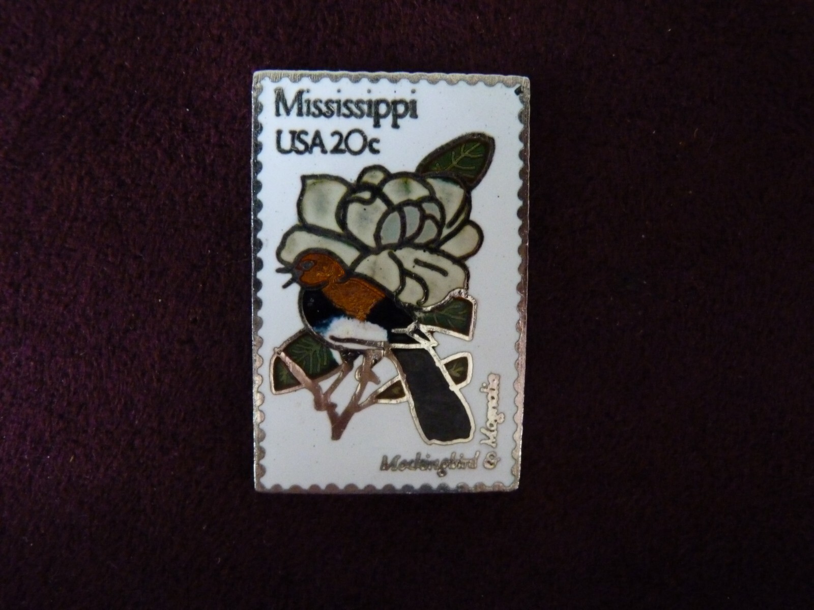 Vtg MISSISSIPPI State Souvenir Enamel Lapel Pin USPS Postal Mockingbird