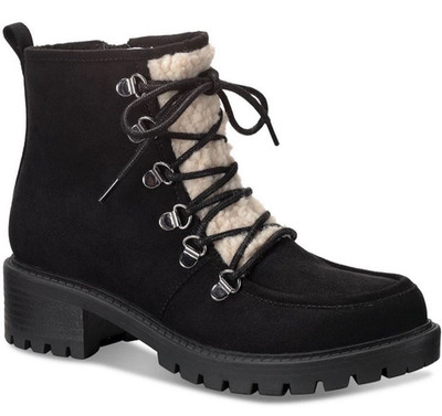 Sun + Stone Women s QUINNF Black Faux Suede Shearling Lace-Up Boots Size 9.5M