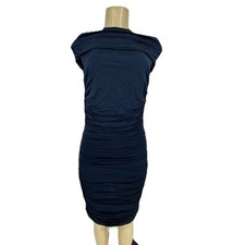 T Tahari Size 4 Women Gathered Sheath Evening Dress Off The Shoulder Navy M8v