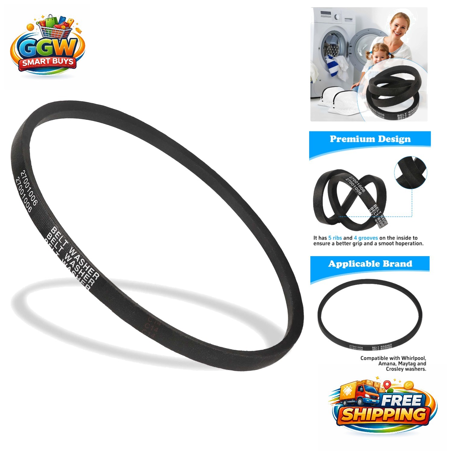 Durable Washer Drive Belt for Whirlpool, Amana, Maytag - Replaces Multiple Parts