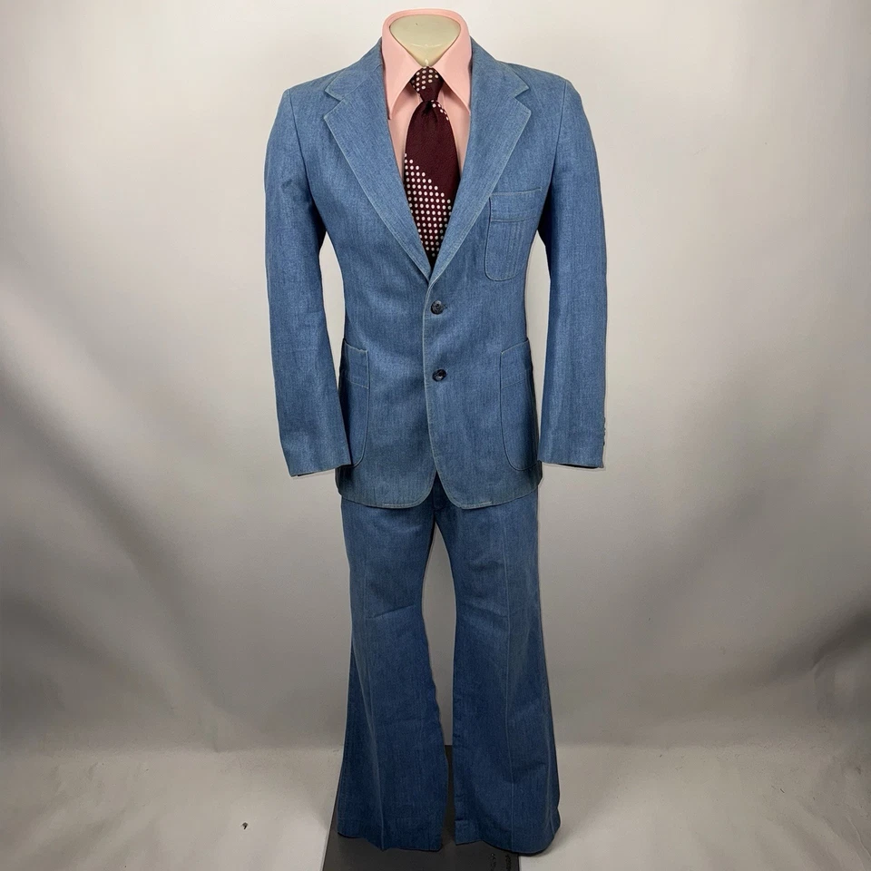 Vtg Haggar Leisure Suit Denim Mens 42 Jacket 35 31 Pants Blue Jean Rockabilly - Image 2 of 4