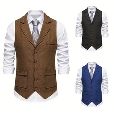 Vintage Mens Wool Blend Herringbone Waistcoat Vest Formal Western Wear
