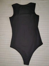 Womens Black Ribbed Bodysuit Sleeveless Tank High Cut Thong Snap Closure Stretch