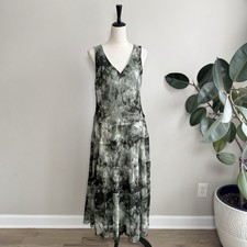 Vera Wang Green Black Tie Dye Chiffon Tier Whimsygoth Fairygrunge Midi Dress L