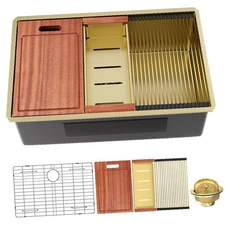 Golden Multifunction Kitchen Sink 32 Inch Stainless Steel Undermount Deep