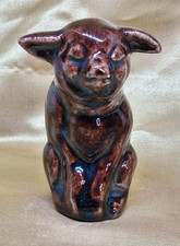 Vintage brown glossy stoneware pig sitting figurine 3"