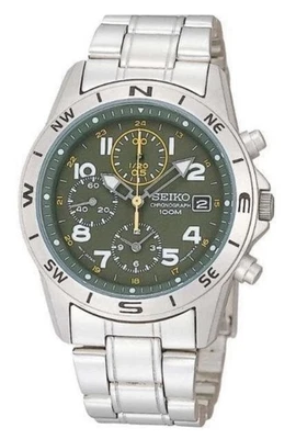 Seiko SND377P1 Chronograph Herren Uhr Grün Edelstahl 100m Datum - Bild 1 von 4