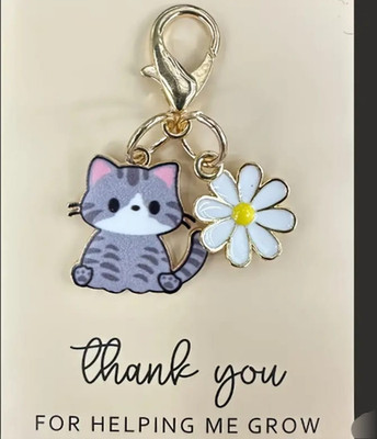 Enamel Cat & Daisy Charm Keychain w/ Carabiner Clip, Modern Era, Multicolor