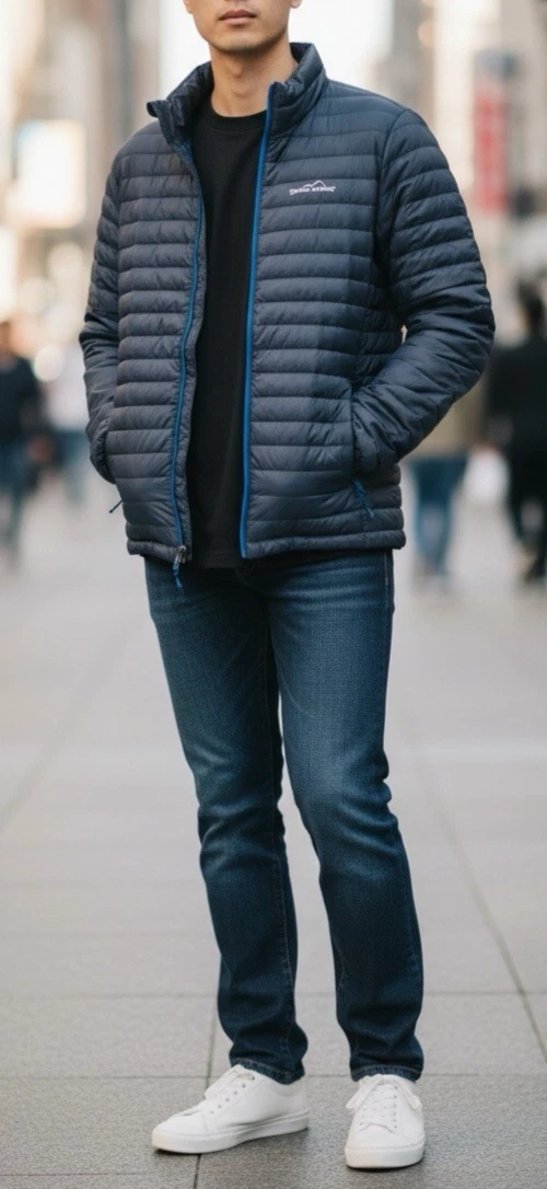 *Flawed Eddie Bauer Down Puffer Jacket Full Zip Navy Blue Men's Size Small EB650