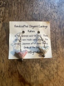 Handcrafted Origami Earrings Kokoro Dangling Hearts Pink Red White & Gold 