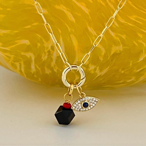 Azabache And Evil Eye Charms Necklace, Paperclip Chain Necklace, Woman Gift - 第 2/6 張圖片
