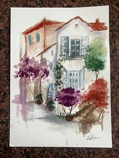 Dipinto ad acquerello "Casa Mediterranea" - Scena pittoresca con fiori