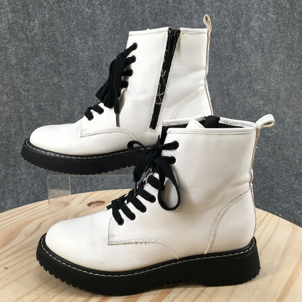 Botas de combate Madden Girl para mujer 8M Kurrt blancas imitación cuero media pantorrilla con cordones cremallera Foto 2 de 4