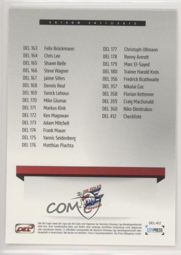 2011-12 City-Press DEL Playercards Deutsche Eishockey Liga Adler Mannheim Eagles - Picture 2 of 3