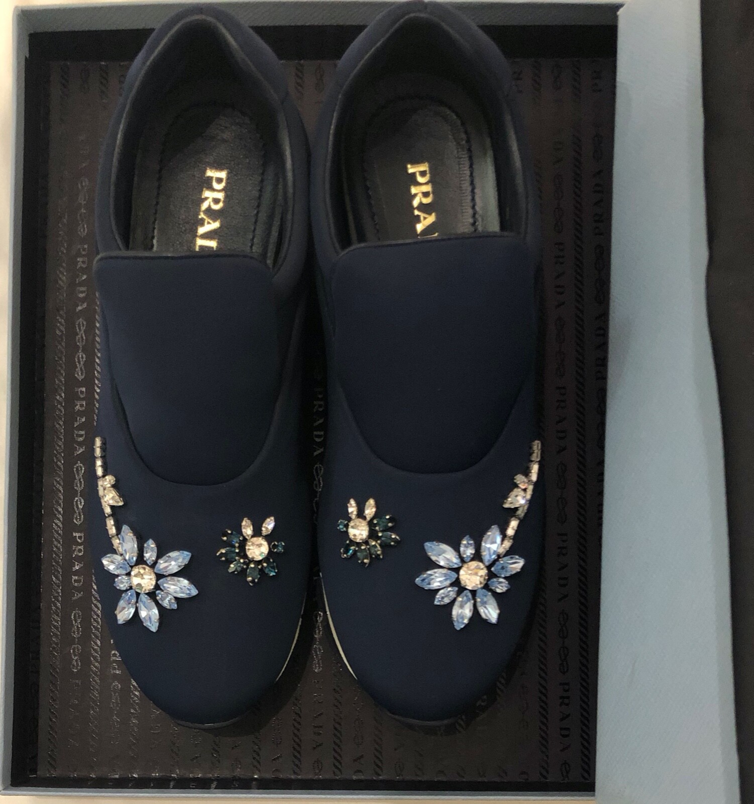 BRAND NEW PRADA Women Navy Slip-on Jewel Trainers - Size 3.5 UK - RRP £650