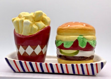 "Salero y pimentero de cerámica para hamburguesas y papas fritas con bandeja, pintado a mano, bandeja de 6""x3"""