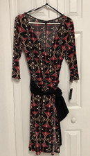 NWT I.N. Studio Faux Wrap Dress Sz 6 V-neck Dress Long Sleeve Black Red Tan NEW