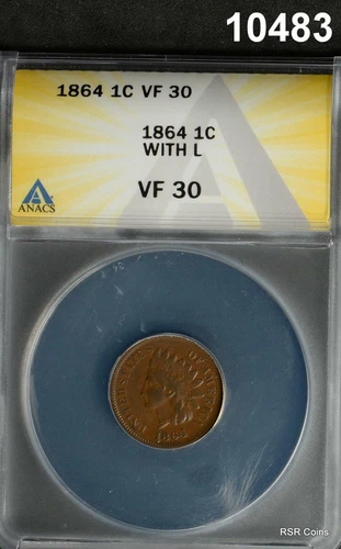 1864 INDIAN CENT WITH L ANACS CERTIFIED VF30 SCARCE!! #10483