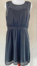 Black Semi Sheer Blouson Bodice Cocktail Party Dress w Raised Chevron Pattern L