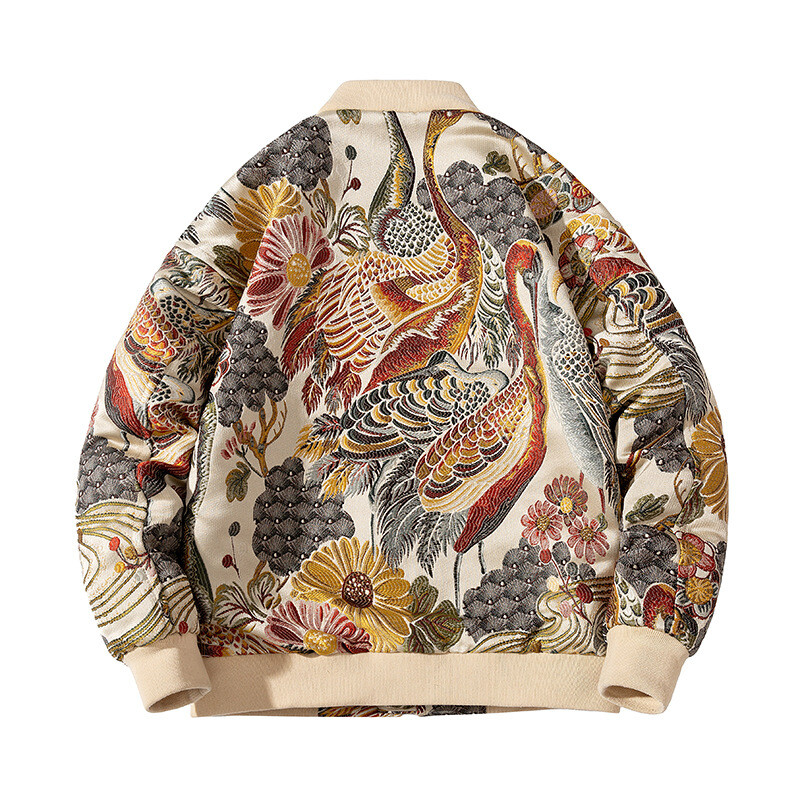 Embroidered Bomber Baseball Jacket Uniform Floral & Crane