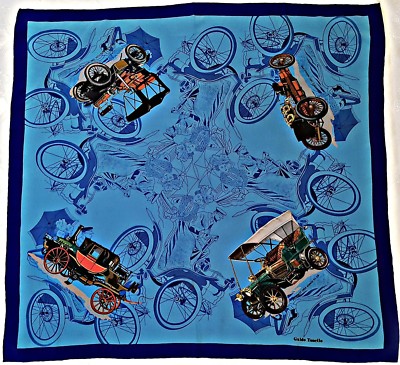 VINTAGE AUTHENTIC GUIDO TONELLO AUTOMOTIVE ART RETRO CARS SILK 38'' SQUARE SCARF