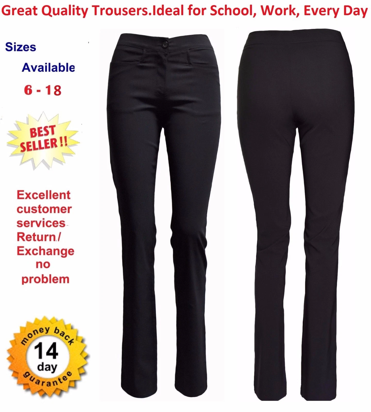 New Girls Bootcut Black School Trousers Strech women ladies office work trousers