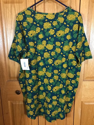 Túnica Lularoe Irma Alta-Baja Azul con Patrón de Hortensia Dorada Talla Pequeña NUEVA CON ETIQUETAS - Imagen 2 de 6