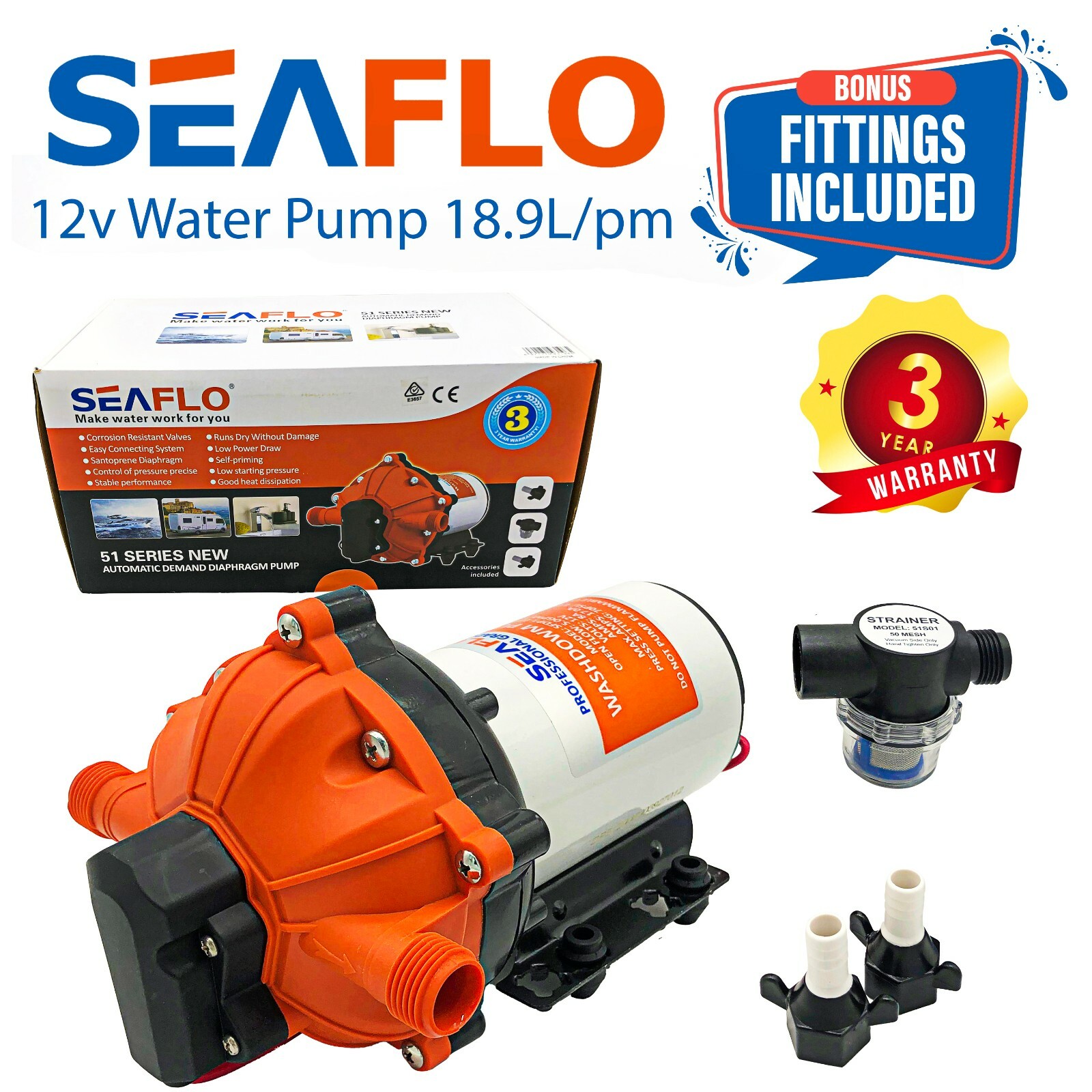 SEAFLO 12v Caravan Water Pump Marine RV Galley 18.9LPM Diaphragm