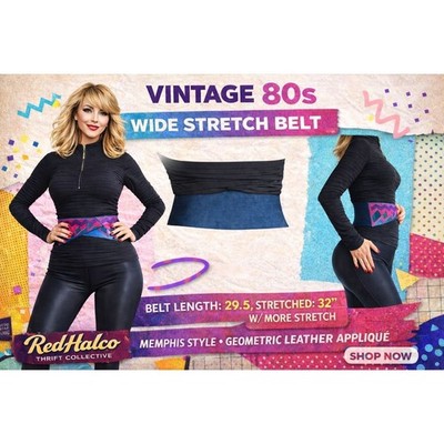 Vintage 80s Wide Elastic Cinch Belt Geometric Leather Patchwork Blue Pink Purple
