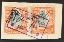 PAIR OF ORANGE RIVER COLONY 10 shilling REVENUES USED ON PIECE