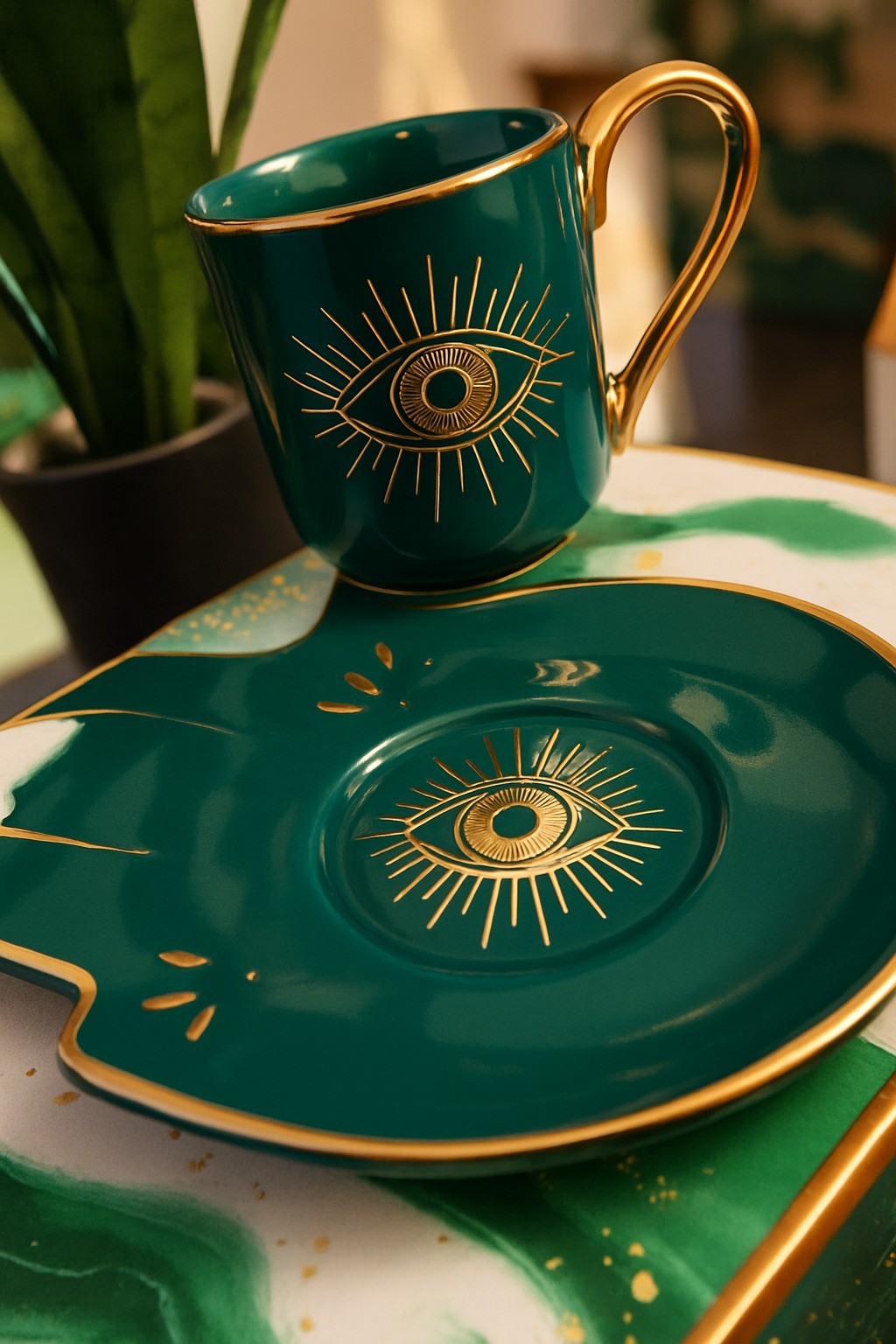 Cup & Saucer Set Emerald Green Gold Trim Espresso Coffee Cup