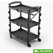 Lightweight Foldable Collapsible Utility Cart W/ 3 Shelves Rubber Wheels Storage