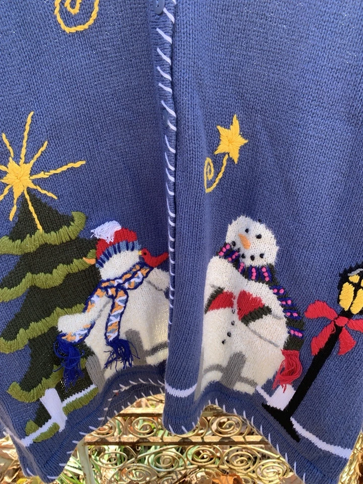 Quacker Factory Vintage Blue Snowmen Cotton Blend Christmas Cardigan Size M - Image 2 of 4