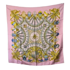 Hermes British Heraldry Coat Of Arms Pink Gold Blue 100% Silk Scarf 90cm Square 