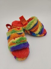 UGG Fluff Yeah Slide Cali Collage Slipper Womens 8 US Rainbow Pride EUC Fluffy