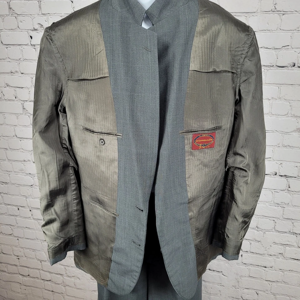 Conjunto de traje completo de 2 piezas gris Corbin de colección chaqueta hecha en EE. UU. talla 40 pantalones con puños 33x32 Foto 4 de 4