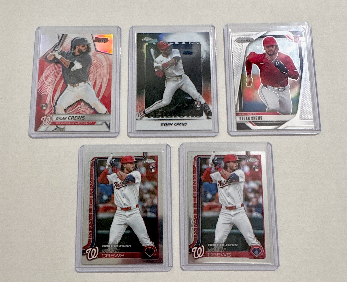 Topps Chrome, Bowman, and Prizm 2025 Dylan Crews RC, Nationals, lot of 5