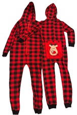 Kids Sibling Set Buffalo Plaid Reindeer Union Suits With Pockets/ Butt Flap 8/10