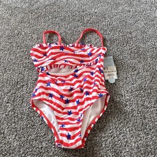 Cat  Jack Girls One Piece Swimsuit Striped Red White Blue Stars Size 4/5