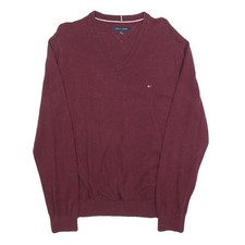 TOMMY HILFIGER Pull Homme Bordeaux Uni Coton Maille Col V Basique L