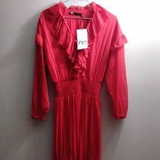ZARA New With Tag, Red Lace Up Neck Ruffles Sheer Mini Dress Size XS