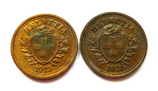 SWITZERLAND 1 RAPPEN 1919 + 1920, BERN MINT, THIN CROSS, BRONZE. KM#3.2