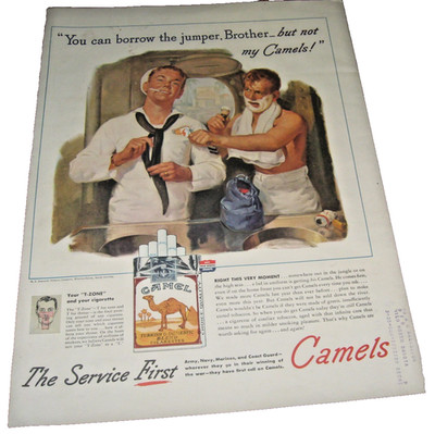 1945 WWll Ad Camel Cigarettes Navy Person and Man Shaving Big Night Ahead Bag