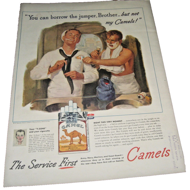 1945 WWll Ad Camel Cigarettes Navy Person and Man Shaving Big Night Ahead Bag