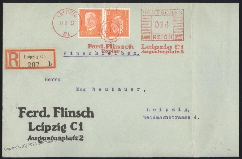 Germany 1932 Hindenburg Tete-Beche Pair K13 On Cover Leipzig Registered 116372