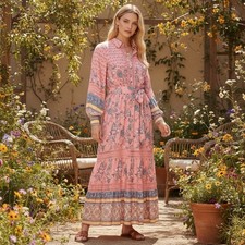 City Chic Sz 12 Boho Tiered Pink Floral Long Balloon Sleeve Maxi Dress XXS